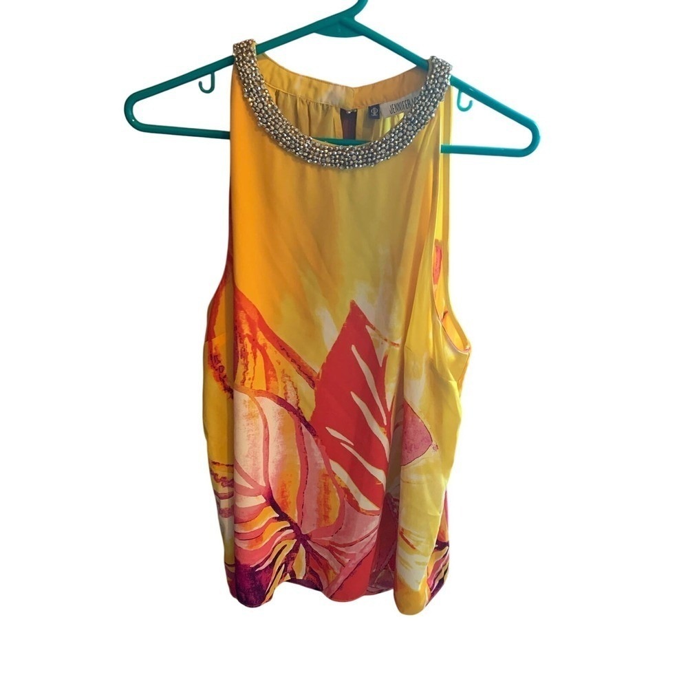 Jennifer Lopez Yellow Floral Beaded Sleeveless Blouse Top Tank Size‎ L
